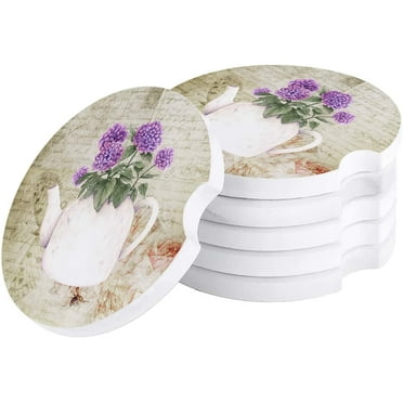 FMSHPON Kettle and Purple Flowers Vintage Set of 2 Car Coaster for Drinks, Absorbent Ceramic Stone Coasters Cup Mat with Cork Base for Home Kitchen Room Coffee Table Bar Decor