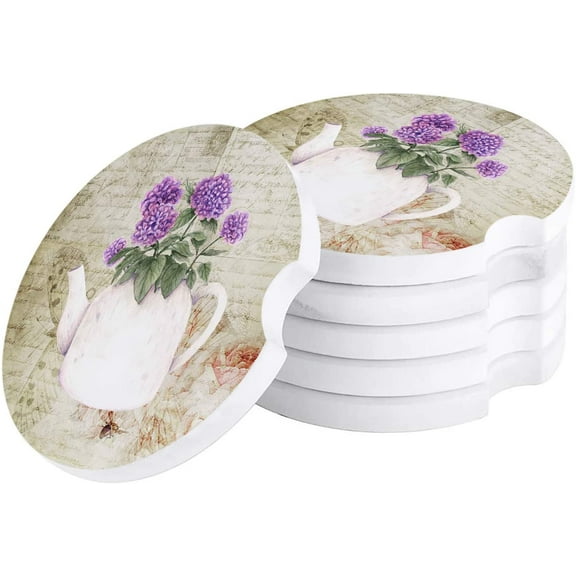 FMSHPON Kettle and Purple Flowers Vintage Set of 2 Car Coaster for Drinks, Absorbent Ceramic Stone Coasters Cup Mat with Cork Base for Home Kitchen Room Coffee Table Bar Decor