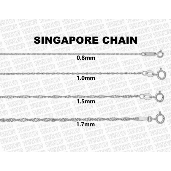 Solid 14K White Gold Singapore Rope Chain Necklace, 16" 18" 20" 24" Inch, 0.8mm To 1.7mm Wide