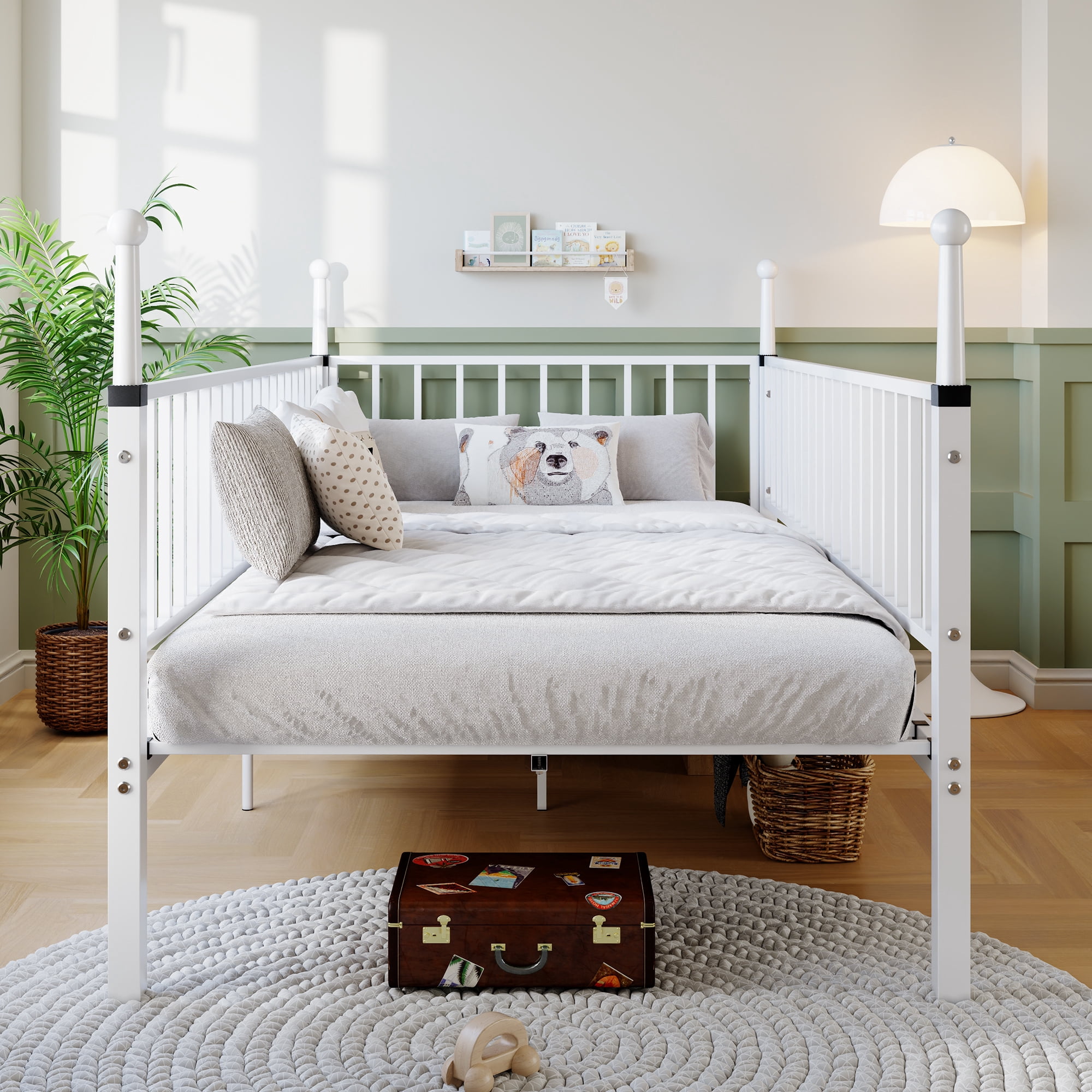 Leumius Twin Size Metal Bed Frame,Sturdy Durable Metal Bed Frame with Bed Posts,No Spring Mattress Required,White