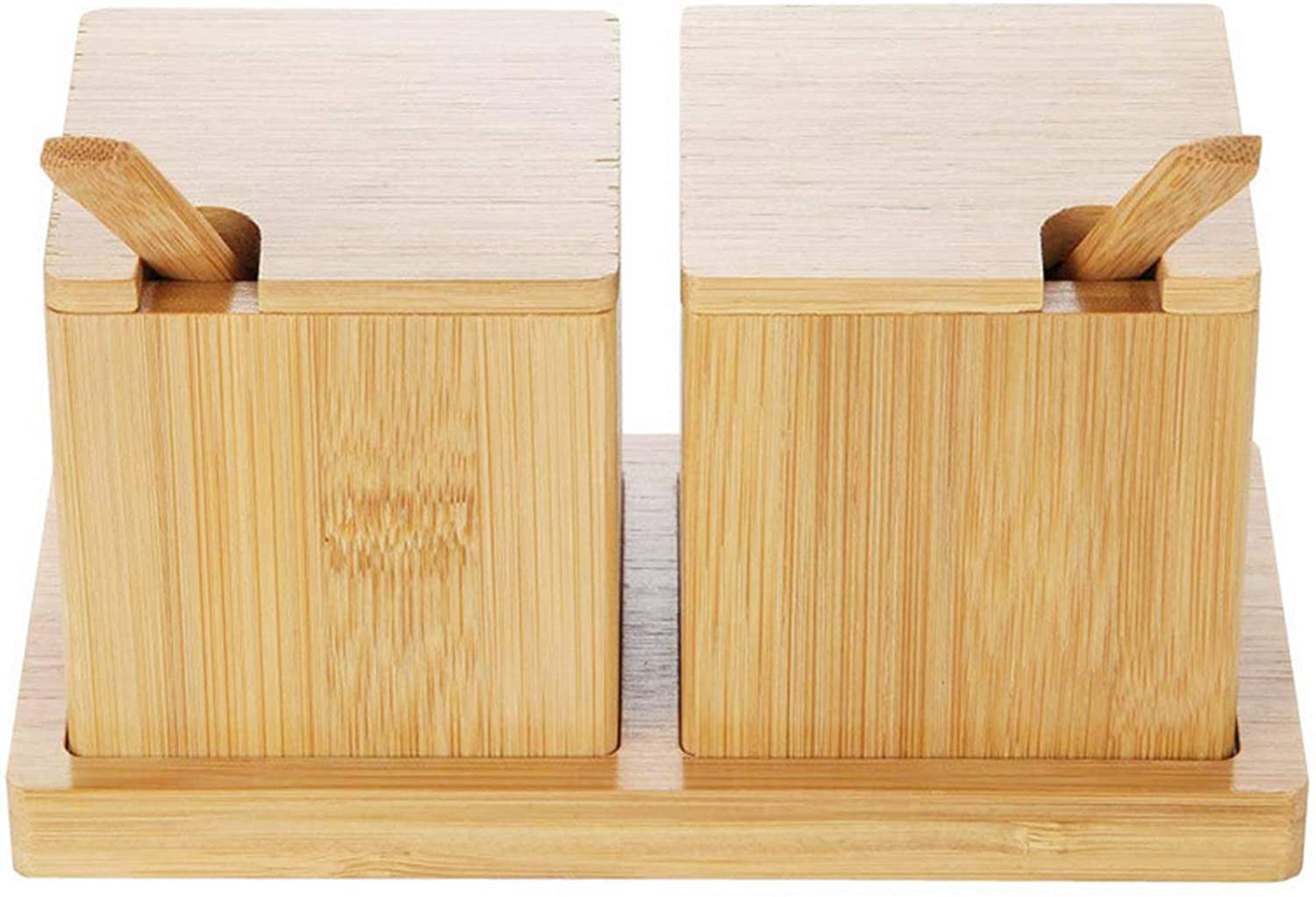 yarlung Set of 2 Bamboo Salt Boxes with Dippers and Tray Gourmet Seasoning Wooden Square Containers with Lids Spice Condiment Canisters for Kitchen Cooking Supplies 
