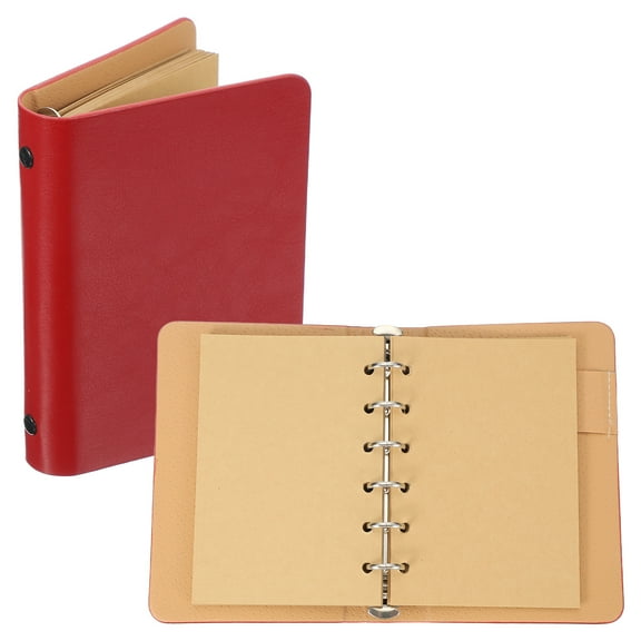 Uxcell 6 Ring Binder Cover, 1 Pack A7 kraft Leather Notebook Binder Mini Refillable Loose Leaf Personal Planner with 50 Sheets Paper, Red