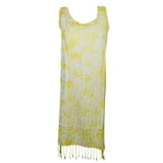 Mogul Womens Boho Dress Embroidered Yellow Tie Dye Tassel Hemline Sleeveless Bohemian Fashion Shift Dresses