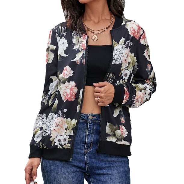 Chaqueta De Béisbol Con Estampado Floral, Cuello Redondo Chaqueta Estampada De Manga Larga De Moda Fibra De Poliéster Fácil De Combinar Para La Oficina Para La Fiesta ANGGREK Flor de peonía negra L