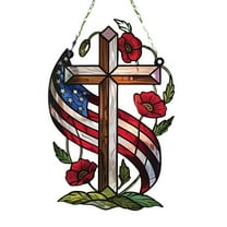 Darzheoy Acrylic Patriotic Cross Stained Glass Window Hanging Decor 4th of July Cross with Flowers Acrylic Suncatcher Window Ornaments for Independence Day Memorial Day Home Wall Decor