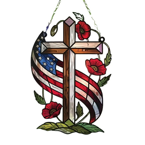Bfogop Patriotic Suncatcher Ornaments 4 of July Decor Sun Catcher Acrylic Cross Suncatcher 2D Stained Glass Style Window Hanging Decoration American Independence Day Gifts