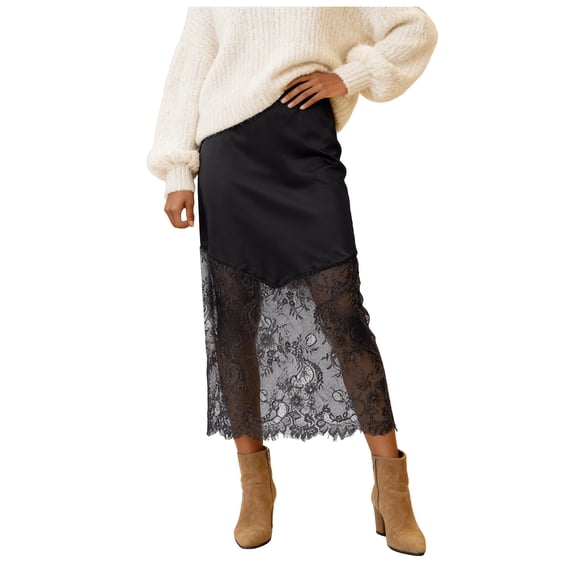 vigerkar Women Satin Lace Long Skirt Lace Patchwork Maxi Skirt Half Slip Silk High Waist A Line Underskirt (Black, XL)
