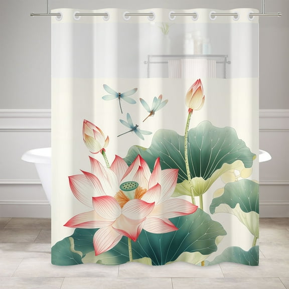 MIZHONA Lotus Flower Shower Curtain with Liner,Summer No Hook Fabric Bathroom Curtain,71"× 74"