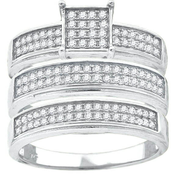 925 Sterling Silver His and Hers Cubic Zirconia Square Head Trio Ring Set 7.3x13.8mm Wide Size 11 Ring for Women