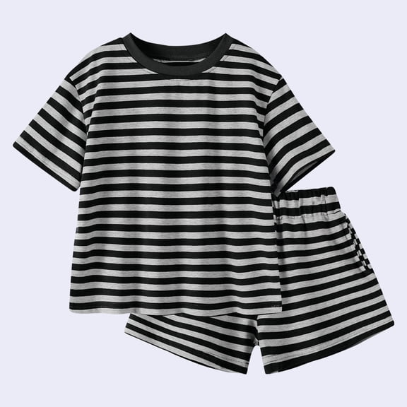 Zpanxa Toddler Boy Summer Clothes 2 Piece Set Short Sleeve Horizontal Stripe Tops with Elastic Waist Pull On Shorts Soft Comfy Casual Matching Outfits for Little Boys Daily Play