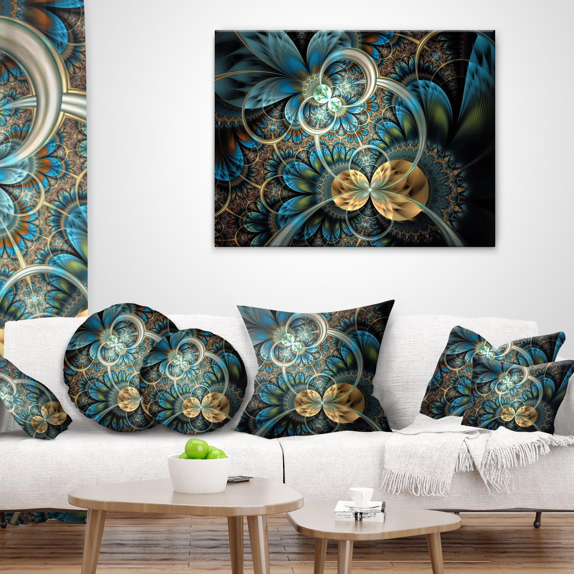 Designart Symmetrical Blue Gold Fractal Flower - Abstract Throw Pillow - 16x16