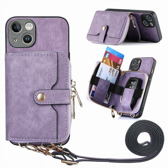 Jiahe Cover for iPhone XS/X, Wallet Case with Card Holder,Shockproof PU Leather Zipper Purese Kickstand with Adjustable Detachable Shoulder Strap Case Cover, purple