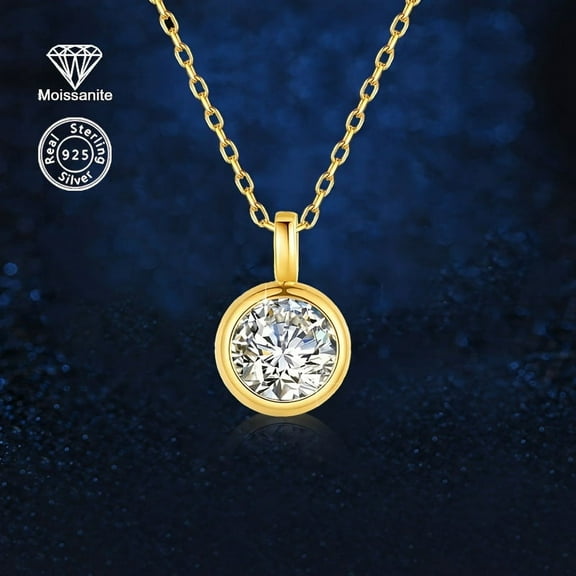 An elegant 1 carat mosanite pendant necklace in 925 sterling silver, Japanese and Korean style, round cut single diamond inlay for parties, banquets, Christmas and all seasons - Shining bridal,Golden