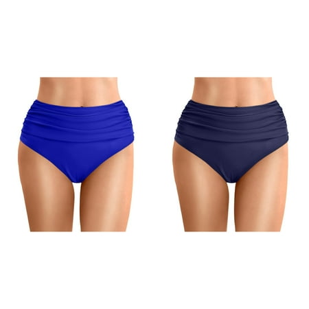 2 Pack(Blue & Dark Blue) Women Plus Size High Waist Bikini Bottoms Swim Women Bathing Suits Plus Size Briefs Beach Shorts Ruched Bottom High Cut Swim Bottom Ful