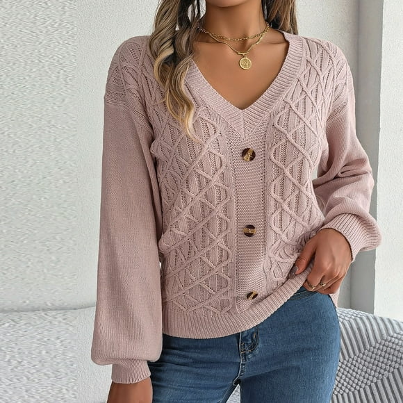 zanvin Sweaters for Women,Women Fashion Casual Button Long Sleeve V-Neck Keeping Warm Outing Sweater,Pink,M