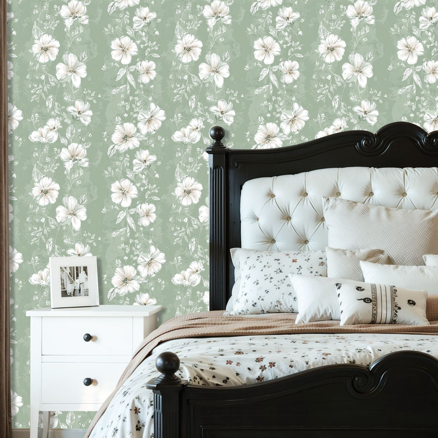 Sage Green Peel and Stick Wallpaper Floral Soft White Flowers Green Wall Mural 23.6in x 9.8ft Self Adhesive Removable Wall Paper Renter Friendly Wallpaper for Girls Bedroom