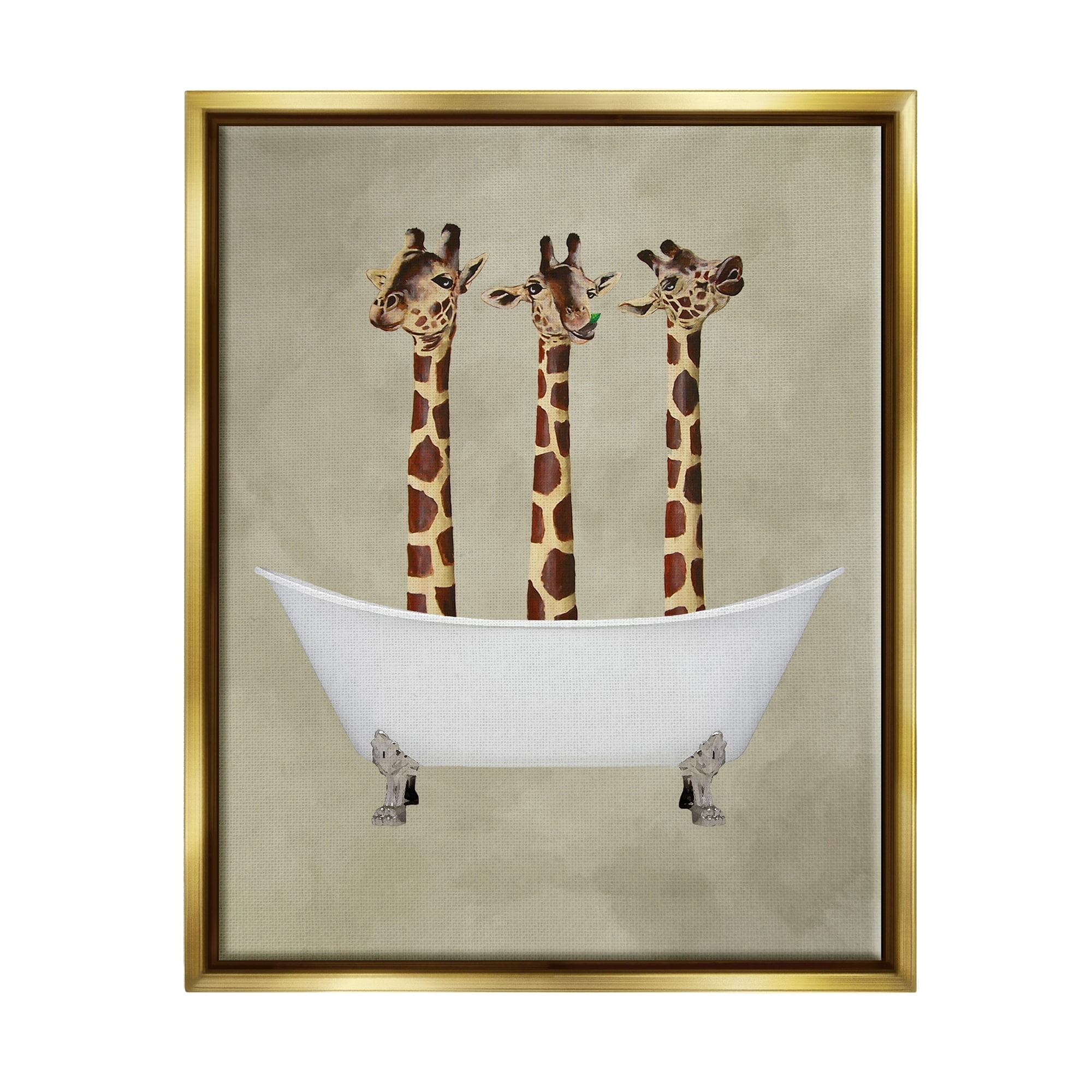 Stupell Industries Three Giraffes In A Bathtub Luster Gray Framed Floating Canvas Wall Art, 16x20, by Coco de Paris