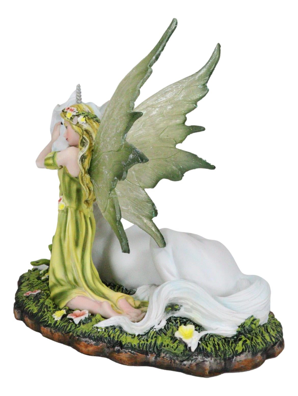 Green Earth Gaia Fairy With Rare Floral White Unicorn Statue Decor Figurine 7"L
