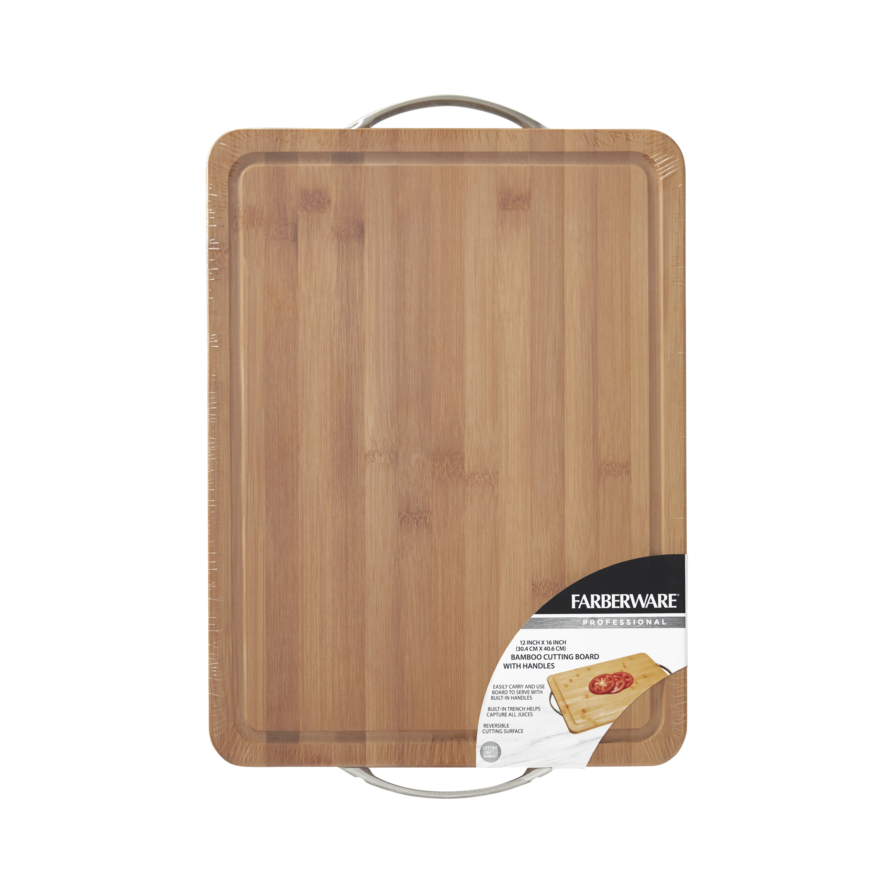 Farberware 12-inch x 16-inch Bamboo Cutting Board with Trench and Metal ...