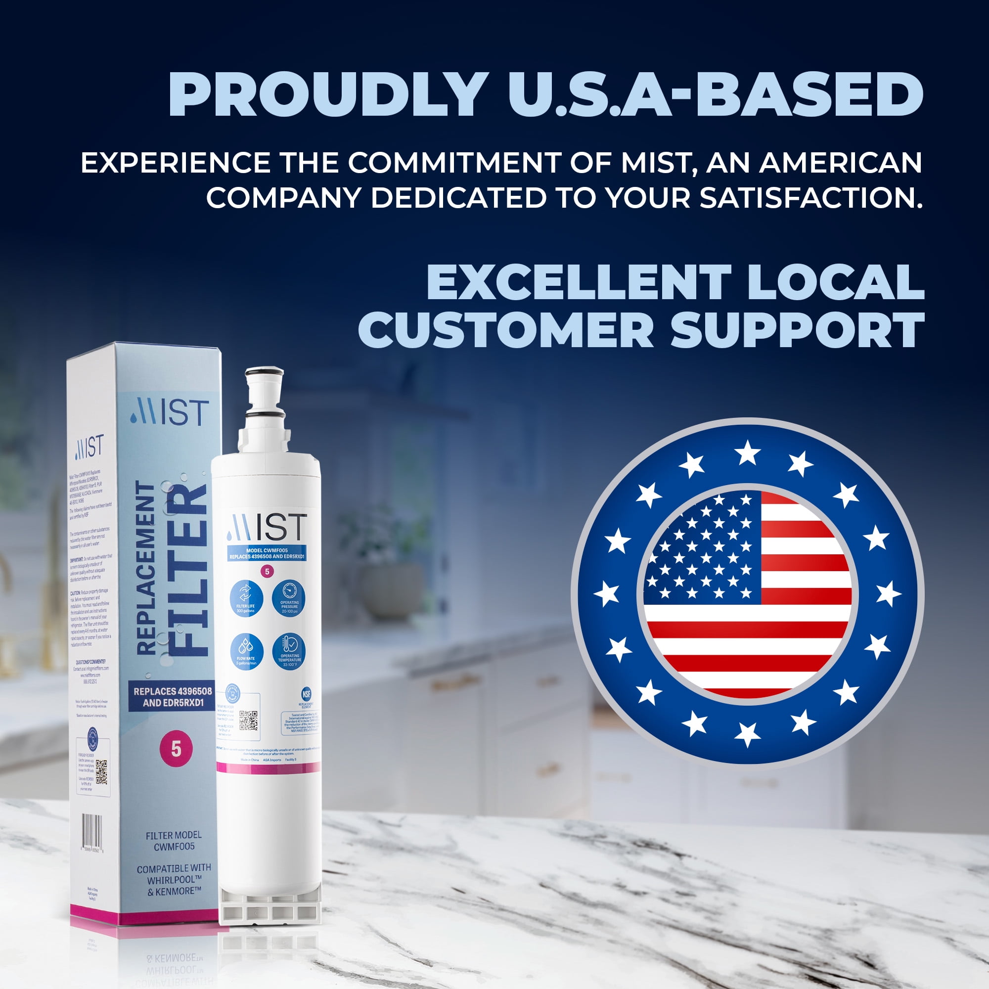 Mist 4396508 Refrigerator Water Filter Replacement Cartridge for Whirlpool EDR5RXD1, Compatible with EveryDrop Filter 5, 4396510, RWF0500A, NLC240V, Kenmore 46-9010, 9086. Whirlpool Filter, 2-Pack