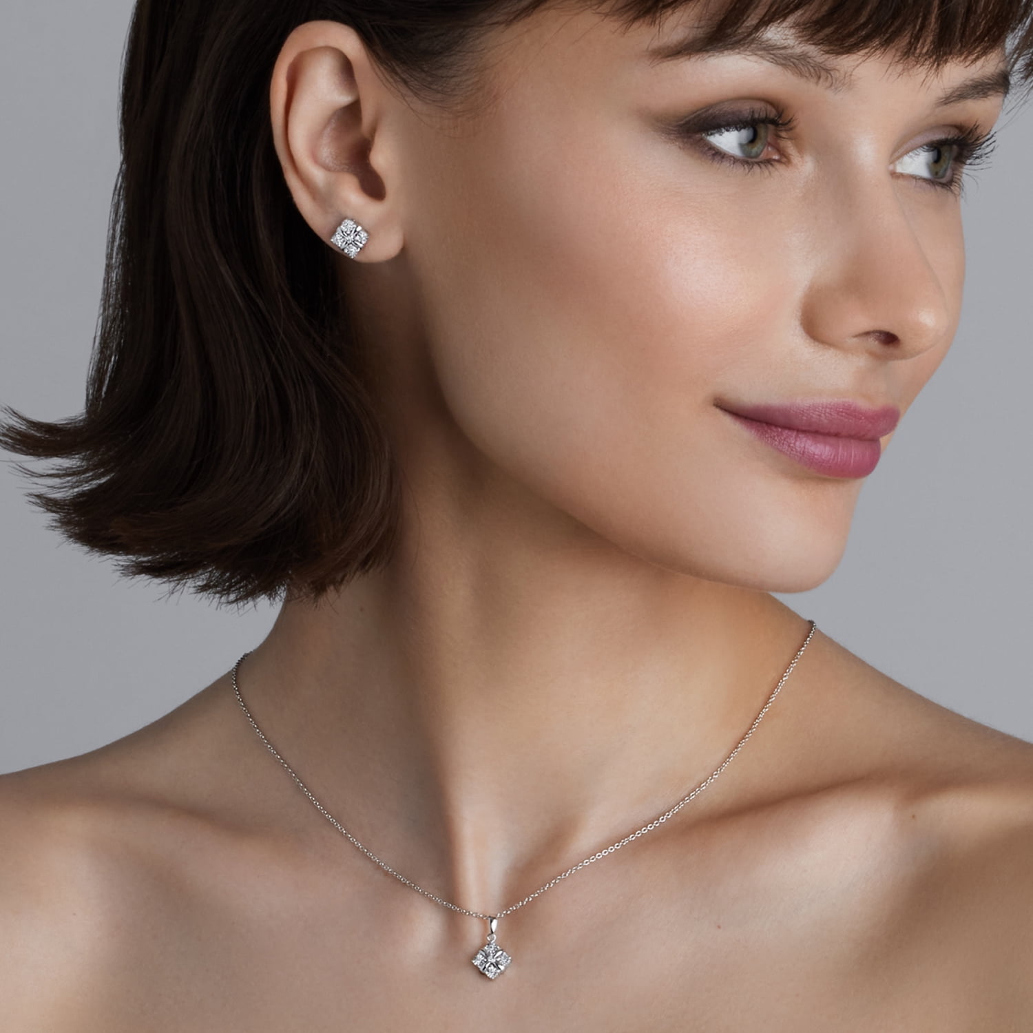 Gilded 1/10 CTTW Lab-Grown Diamond Diamond shaped Stud Earrings & 18" Necklace Set, Sterling Silver, Elegant & Ethical Jewelry for Women, Gift Box Included, Ideal for Anniversaries, Birthdays & Gifts