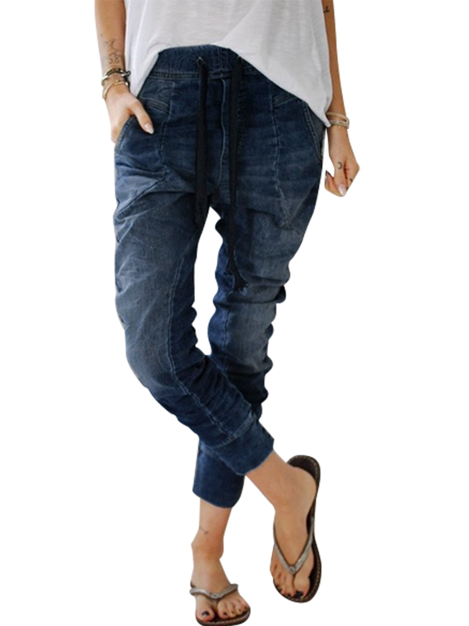 distressed drawstring jeans