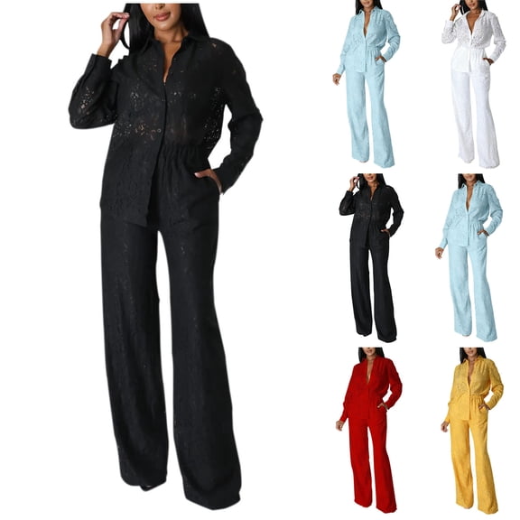 2 Piece Lounge Sets for Women Elegant Lace Suit Button Down Lapel Cardigan Elastic Waist Wide Leg Trousers Stylish Casual Formal Outfits