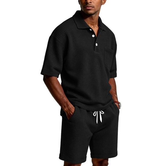 Mens Track Suits 2 Piece Set 1/4 Button Down Short Sleeve Polo Shirts & Casual Shorts Sweatsuit Outfit Jogging Athletic Sweat Set