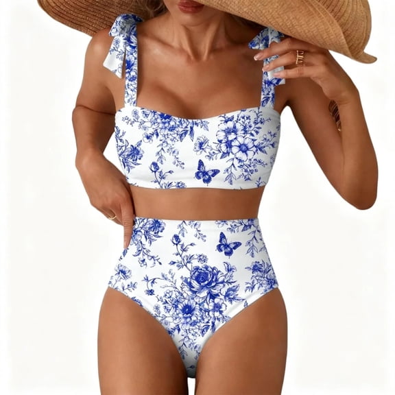 Women's Tie Shoulder Bikini Sets 2 Piece Swimsuits High Waisted Bathing Suits White XL