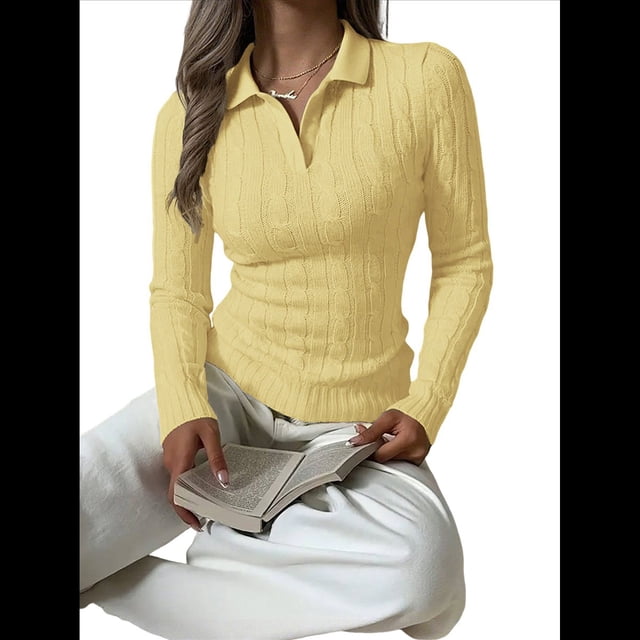 Suéteres de Punto para Mujer, Suéteres de Larga con Cuello en V, Camisetas Casuales, Conjuntos de Moda de Otoño. Amarillo M