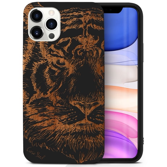 Case Yard Wooden Case for iPhone-11-Pro Soft TPU Silicone cover Slim Fit Shockproof Wood Protective Phone Cover for Girls Boys Men and Women Supports Wireless Charging Tiger Sketch Design