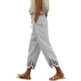 thumbnail image 2 of Utoimkio Drawstring Waist Linen Capri Pants for Women Casual Hollow Eyelet Cutout Hem Cropped Trousers with Single Button Back Pocket, 2 of 5