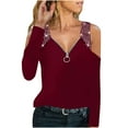 thumbnail image 1 of Blusas Para Mujer Blusas Con Hombros Descubiertos Cuello en V Cremallera Manga Larga Top Sólido Con Diamantes de Imitación Odeerbi  ODB185936, 1 of 8