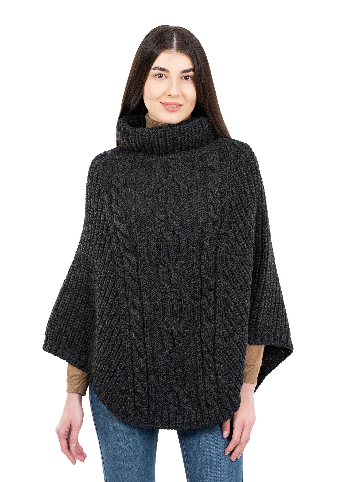 SAOL 100% Merino Wool Women's Aran Cable Knit Poncho Oversize Sweater High  Neck Irish Cape Made in Ireland - Walmart.com