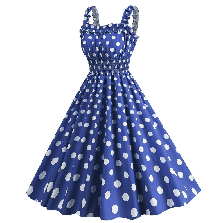 Women Vintage 50s 1950s Dress Square Neck A-line Polka Dot Rockabilly Swing Evening Party Cocktail Dresses - Blue XL
