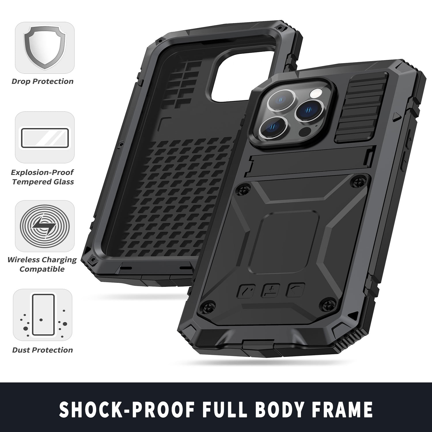 iPhone 14 Pro Max Rugged Full-Body Case, Metal Bumper Built-in Screen Protector&Kickstand,Dustproof and Drop-Proof,Full Body Protection Heavy Duty Rugged Military Cover For iPhone 14 Pro Max, Black