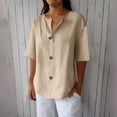 thumbnail image 2 of Wyobmus Womens Linen Button Down Shirt Half Sleeve Crew Neck T Shirt Lightweight Solid Cotton Collared Blouses With Pocket S-2X Khaki, 2 of 6
