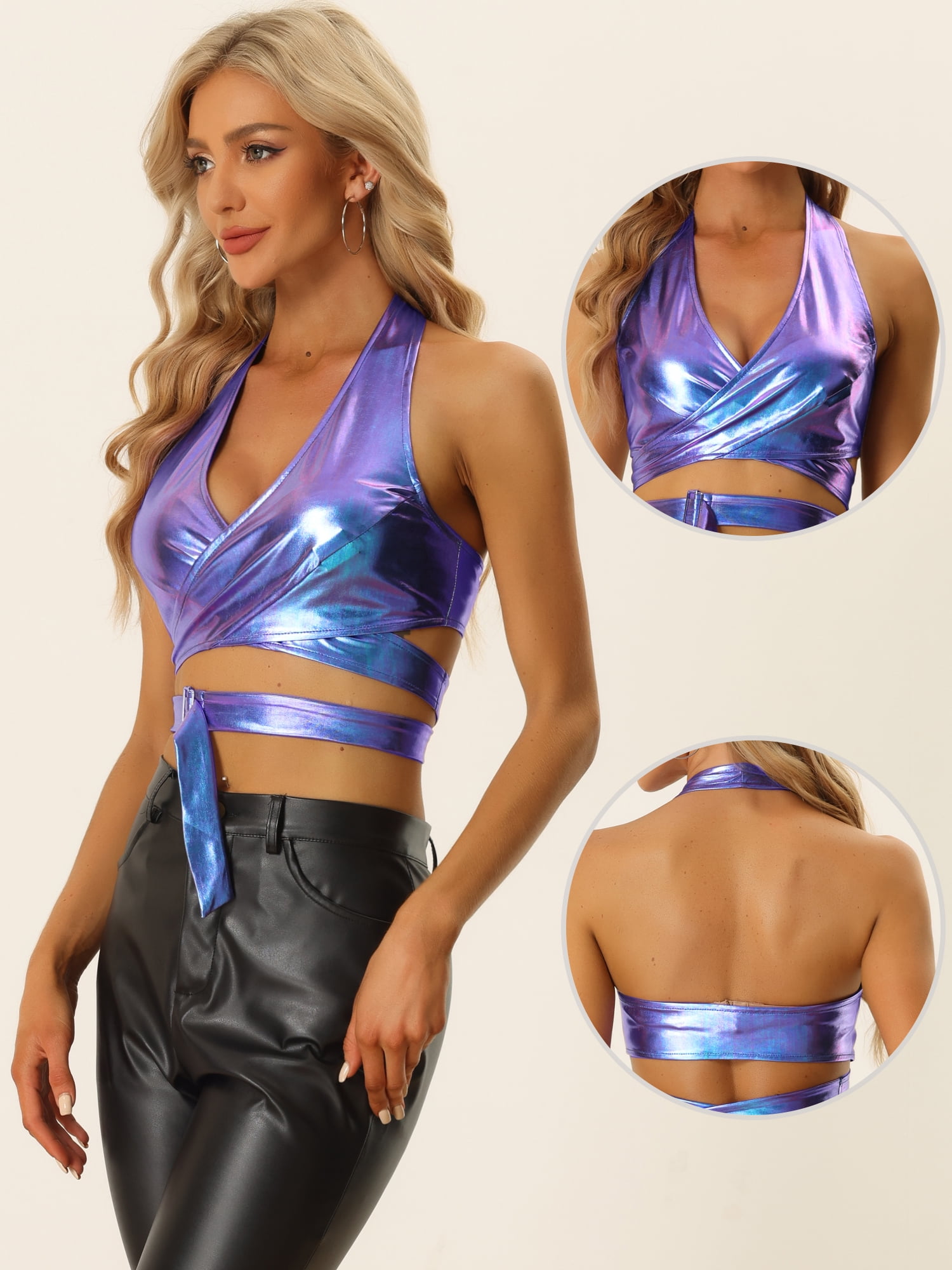 DARING DIVA Women's V-Neck Backless Metallic Crop Tops XS Blue Purple