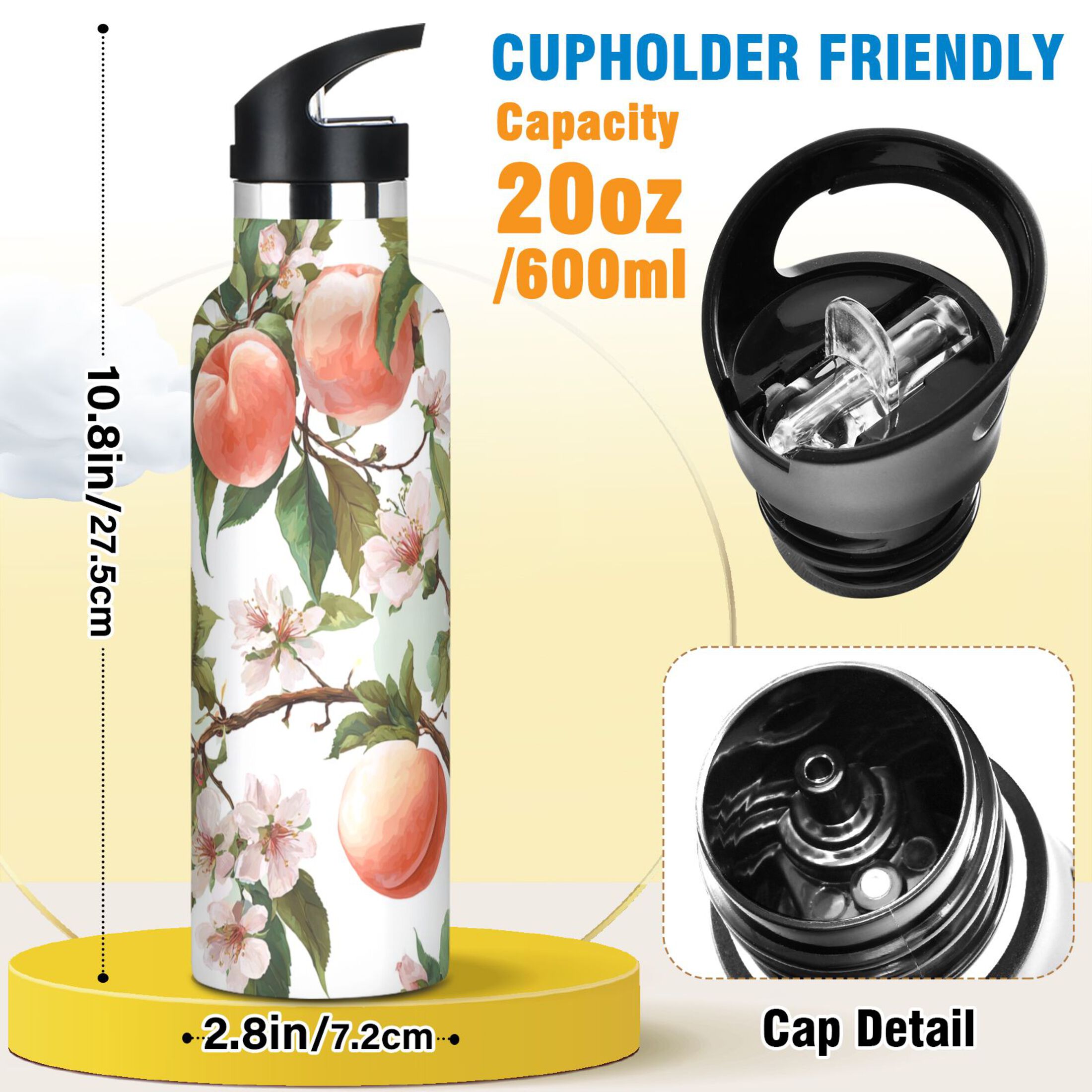 Kids Insulated Stainless Steel Sports Water Bottle 600ml (20oz) Peach Fruit Pattern
