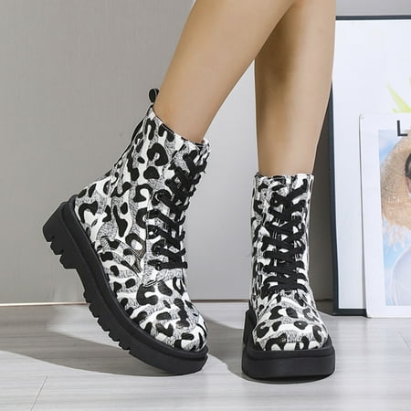 

Ladies Autumn And Winter Sponge Cake Thick Bottom Round Toe Leopard Print British Fashion Square Heel Ankle Boots