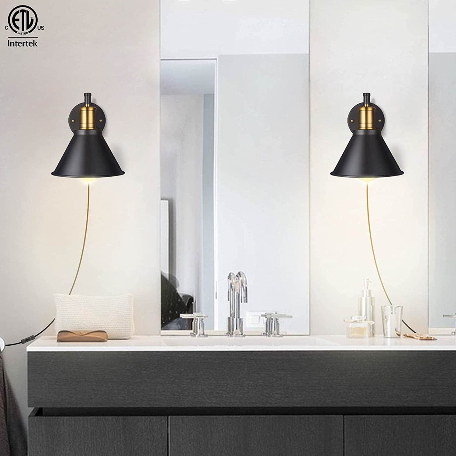 ArcoMead Swing Arm Traditional Energy Efficient 2-Light Black Matte Kitchen Plug-in Wall Sconces (2 Count)