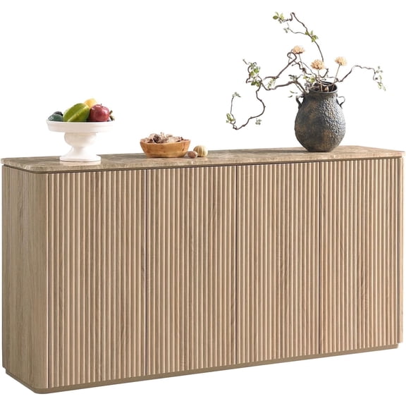 Sideboard Buffet Cabinet with Storage, Hvoonc 4 Doors 65'' Fluted Credenza Kitchen Cabinet Storage with Adjustable Shelves for Living Room, Entryway, Kitchen, Natural Oak