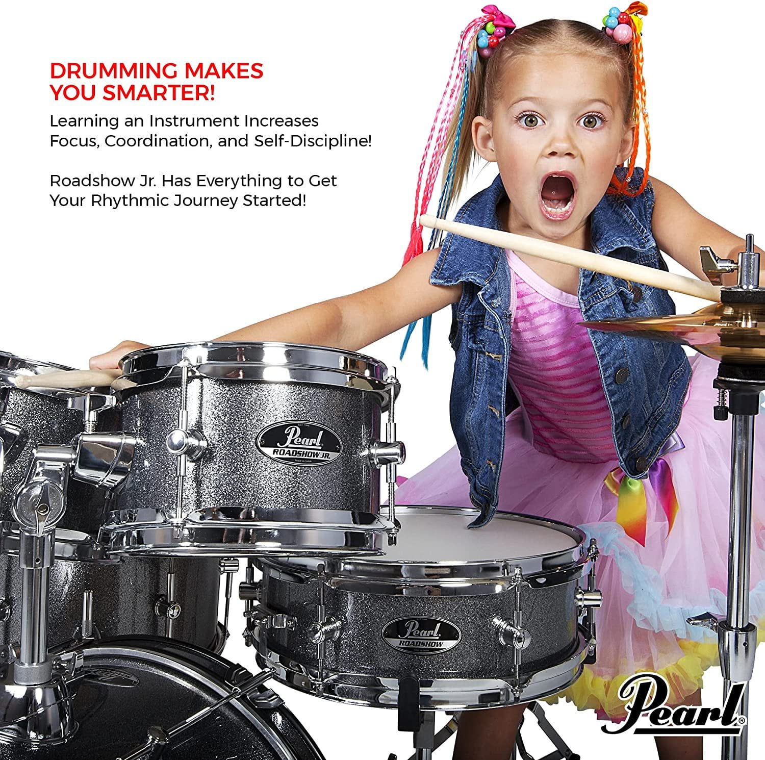 Pearl Roadshow Junior 5-Piece Drumset w/ 16" Bass Drum, Hardware & Cymbals - Jet Black