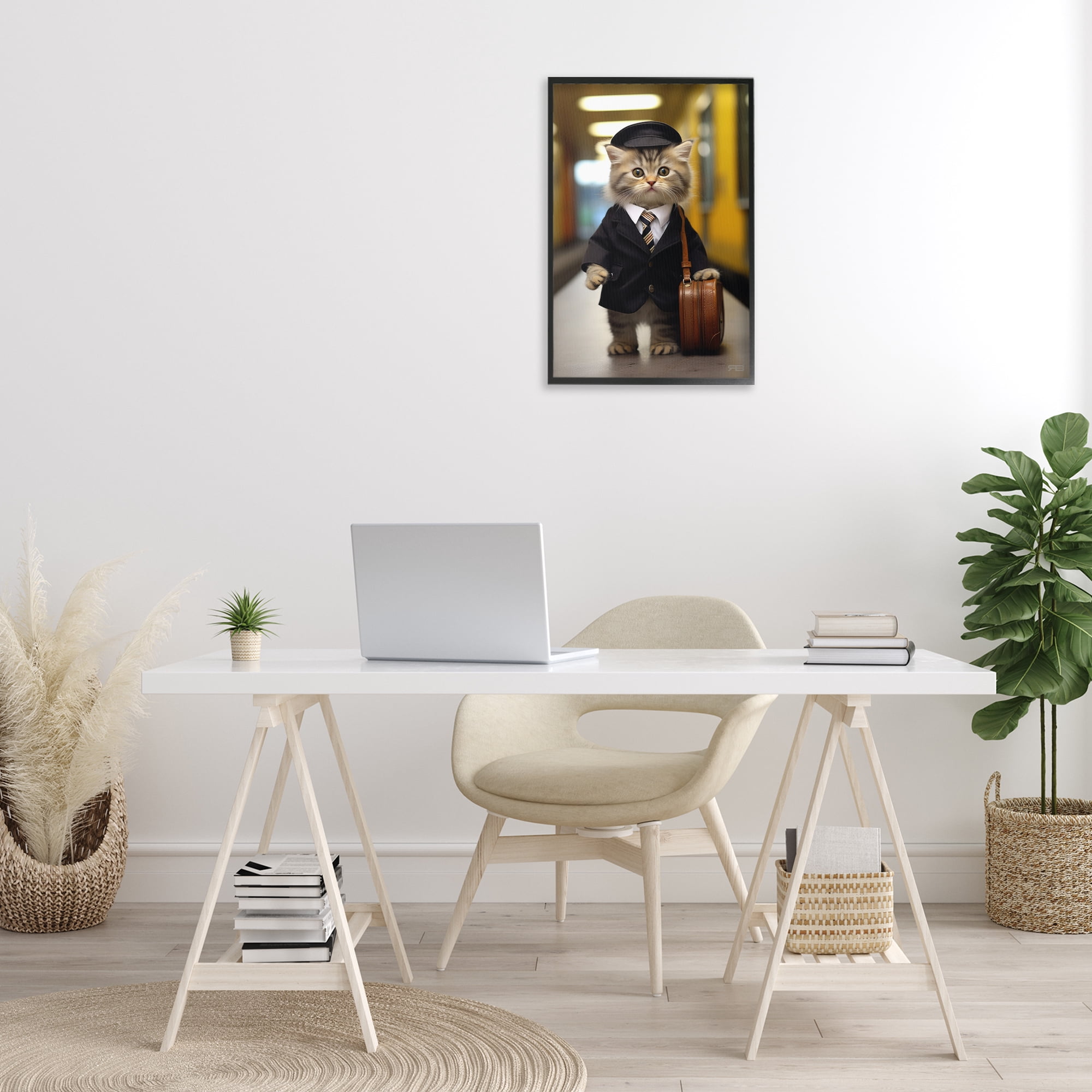 Stupell Industries Traveler Kitten & Briefcase Novelty Painting Black Framed Art Print Wall Art, 16 x 24