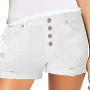 POIUYTR Women's Denim Shorts Summer Casual Mid-Rise Ripped Distressed Rolled Hem Stretchy Button Jeans Shorts with Pockets