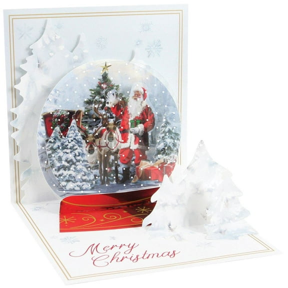 Up With Paper Santa and Reindeer Winter Trees Snow Globe Pop-Up Christmas Card