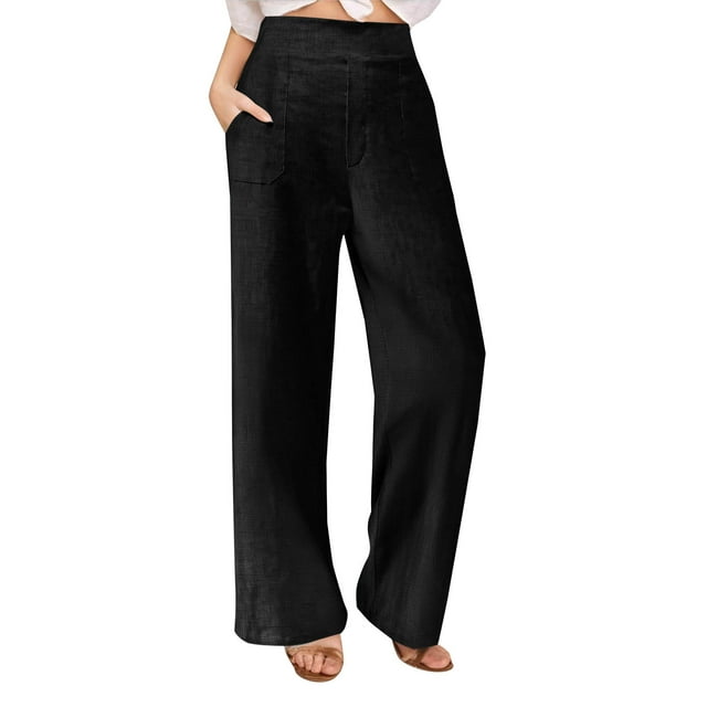 FNFYFH Clearance Ladies Casual Linen Cotton Pants Loose Fit High Waist Solid Color