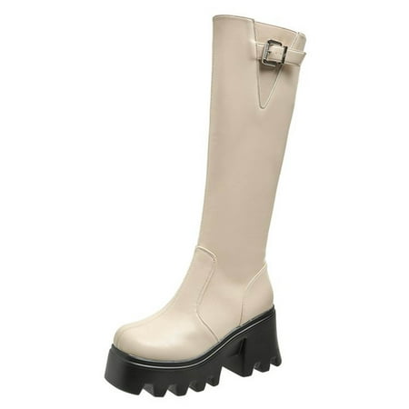 

ZIZOCWA Ankle Shoes For Women High Boots For Women Sexy Ladies Fashion Solid Color Leather Belt Buckle Side Zipper Chunky Heel Platform Long Boots Leather Boots For Women Knee High Size 10