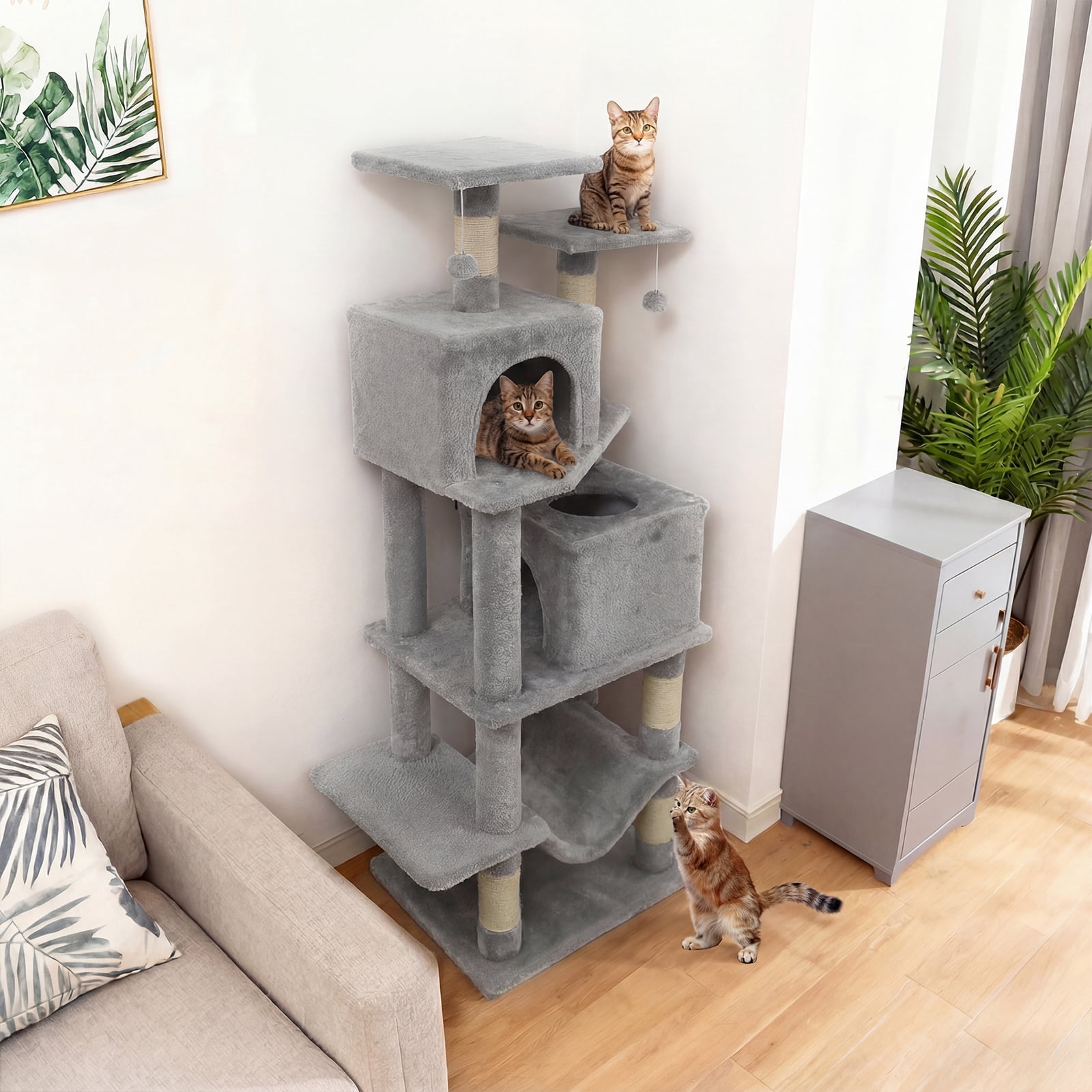 Gymax 57'' Cat Tree for Indoor Cats w/ Dual Condos Hammock Sisal Scratching Posts
