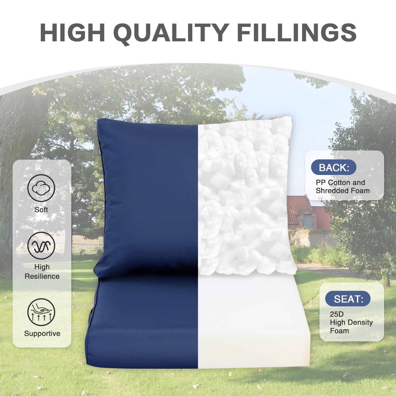 Aoodor Outdoor Chair Cushions Set of 2, 24"x24", Water and Fade Resistant Patio Furniture Deep Seat Cushions, Navy Blue
